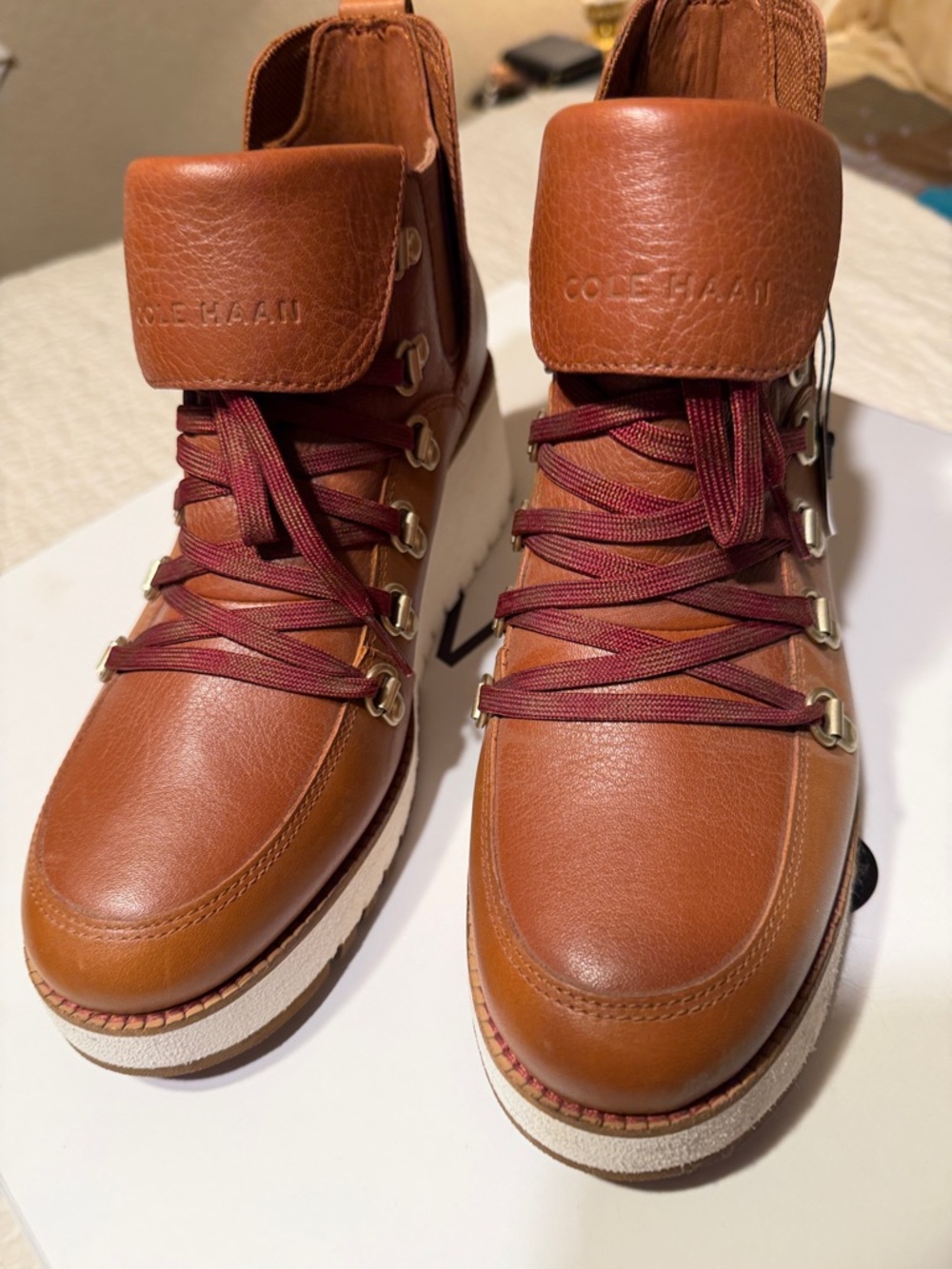 Cole Haan Cognac Brown Leather Hiking Boots with Burgundy Laces